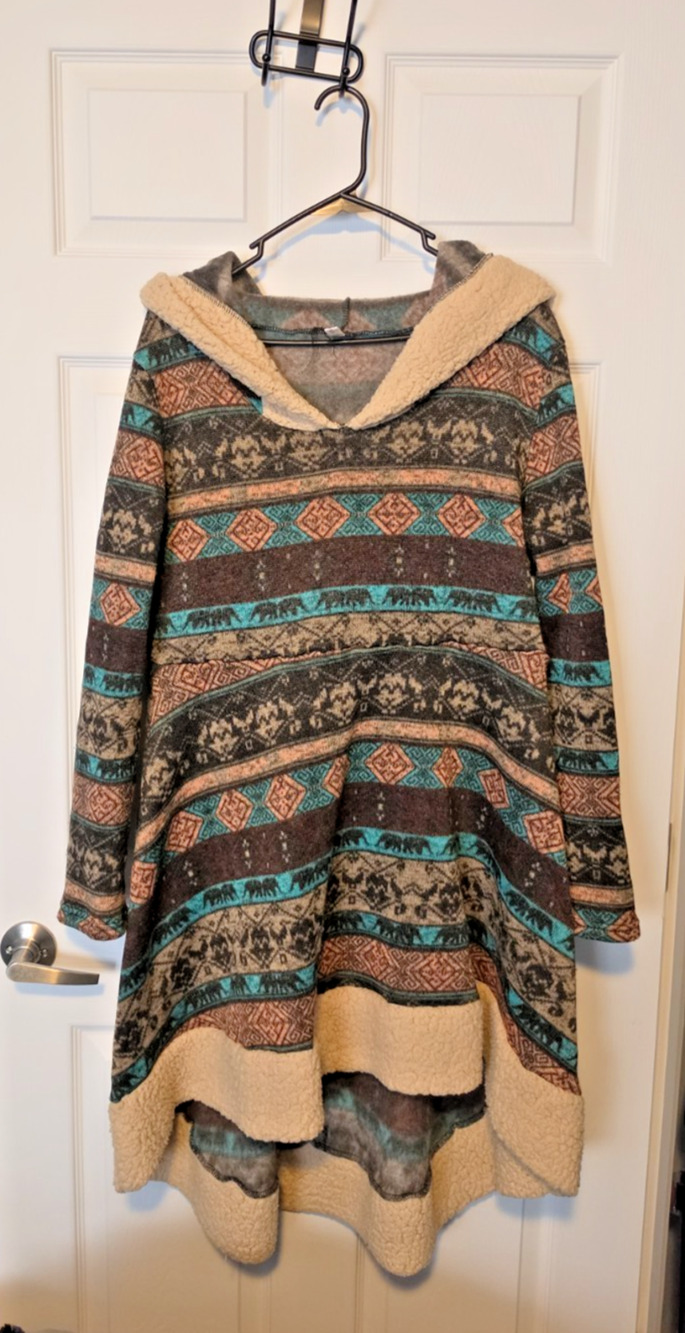 Elephant Sherpa-Trim Hoodie Dress US14: NORDIC/ TRIBAL/ WINTER WONDERLAND/ CABIN